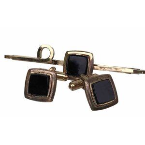Vg Set  1/20 12K Yellow Gold Filled PITMAN KEELER Cuff Links Tie Bar Set Black